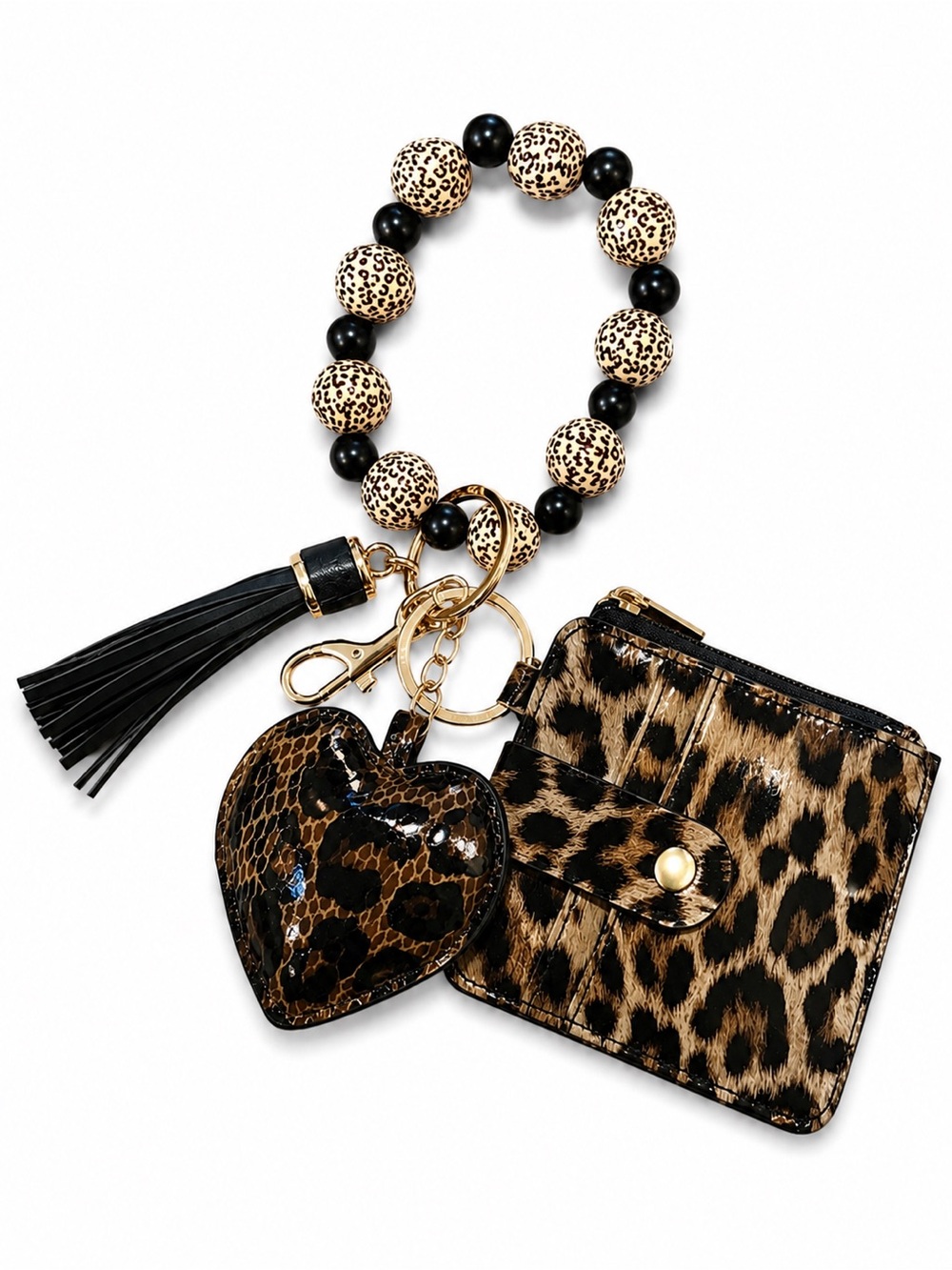 Leopard Print Wristlet Keychain Wallet Card Holder Tassel Charm Set - Picture 3 of 6